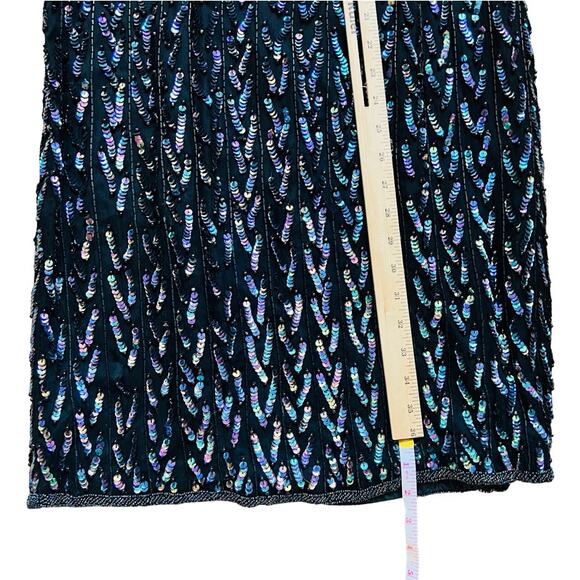 Vintage 80s 90s Floral Beaded Sequin Silk Long Sleeve Black Sheath Dress size L - Picture 11 of 15